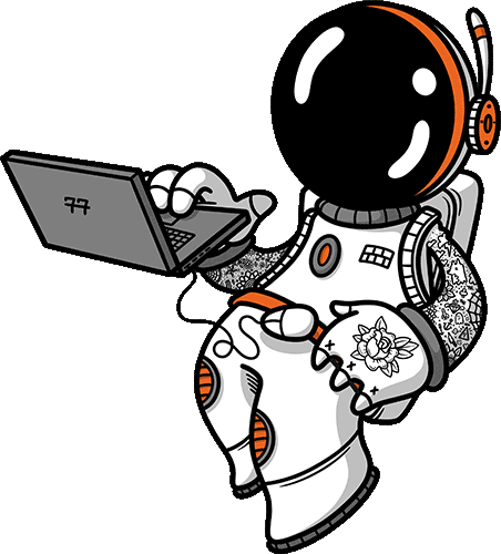 Cartoon Rocketman floating with a laptop in his hand
